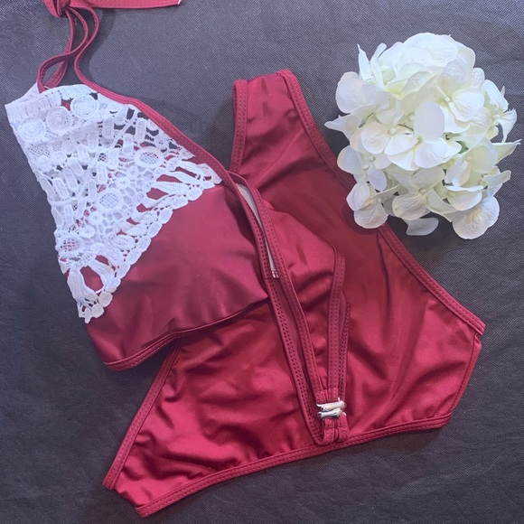 Burgandy Lace Detail Halter Top Bikini - Picture 2 of 8
